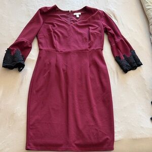 New York & Company Burgundy Sheath Dress with Black Lace Bell Sleeves